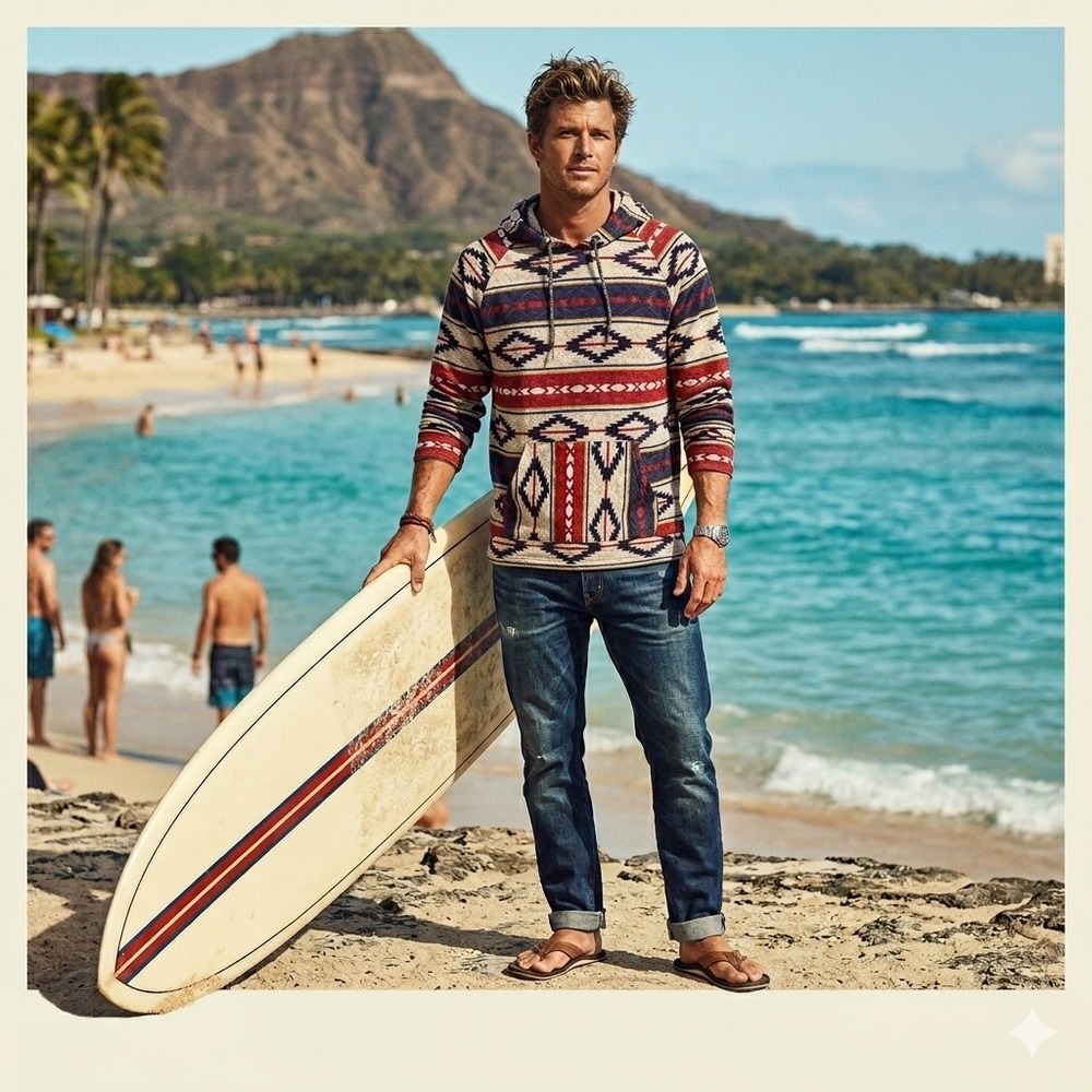 Brooklyn Cloth Men's Red Blue Aztec Geometric Fleece Pullover Hoodie Medium